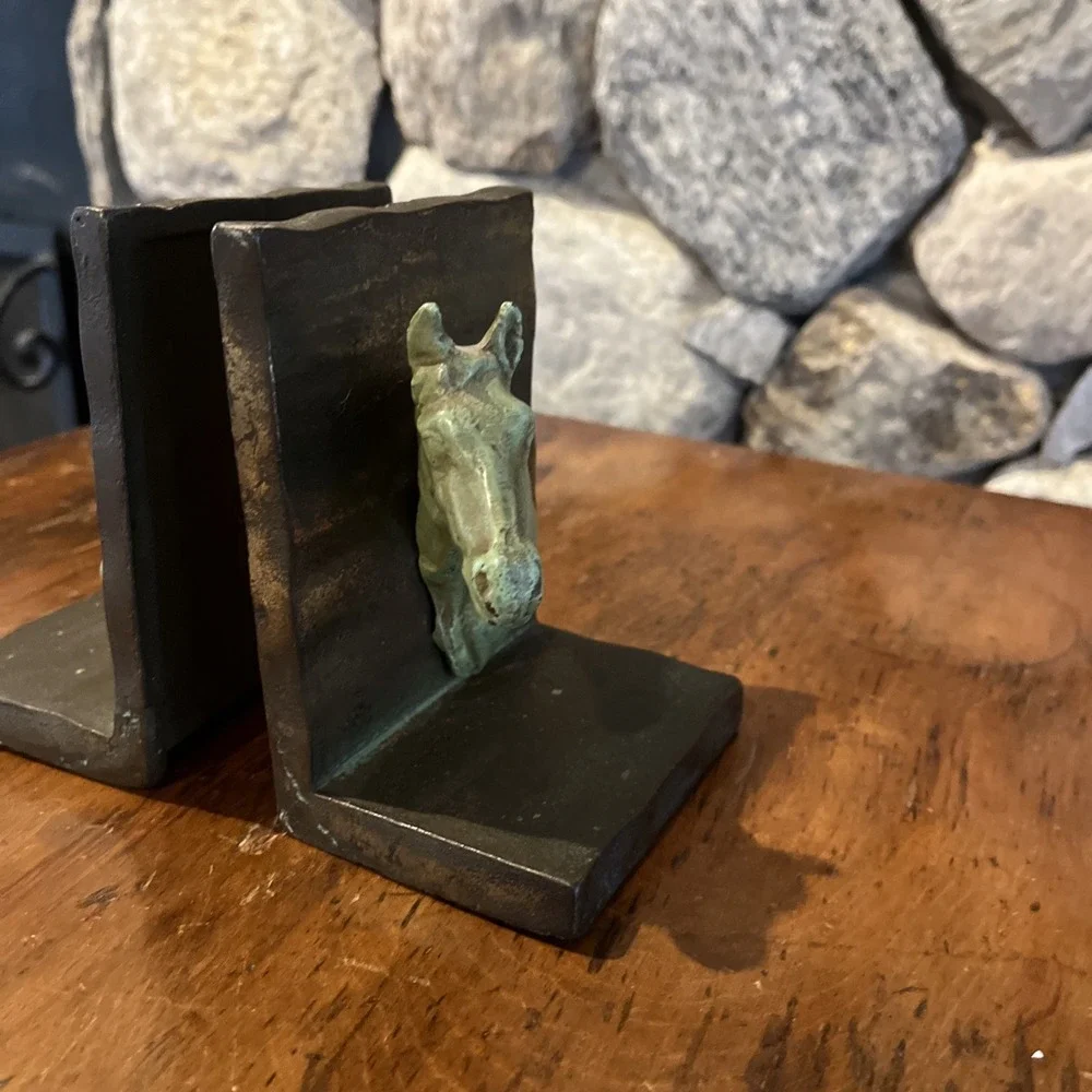 Antique Vtg Rare Horse Head Bookends, Heavy Metal, Nice Green Patina, 4x5x3
